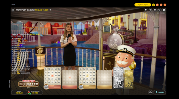 Jogo base de Monopoly Big Baller com apresentadora e cartelas 